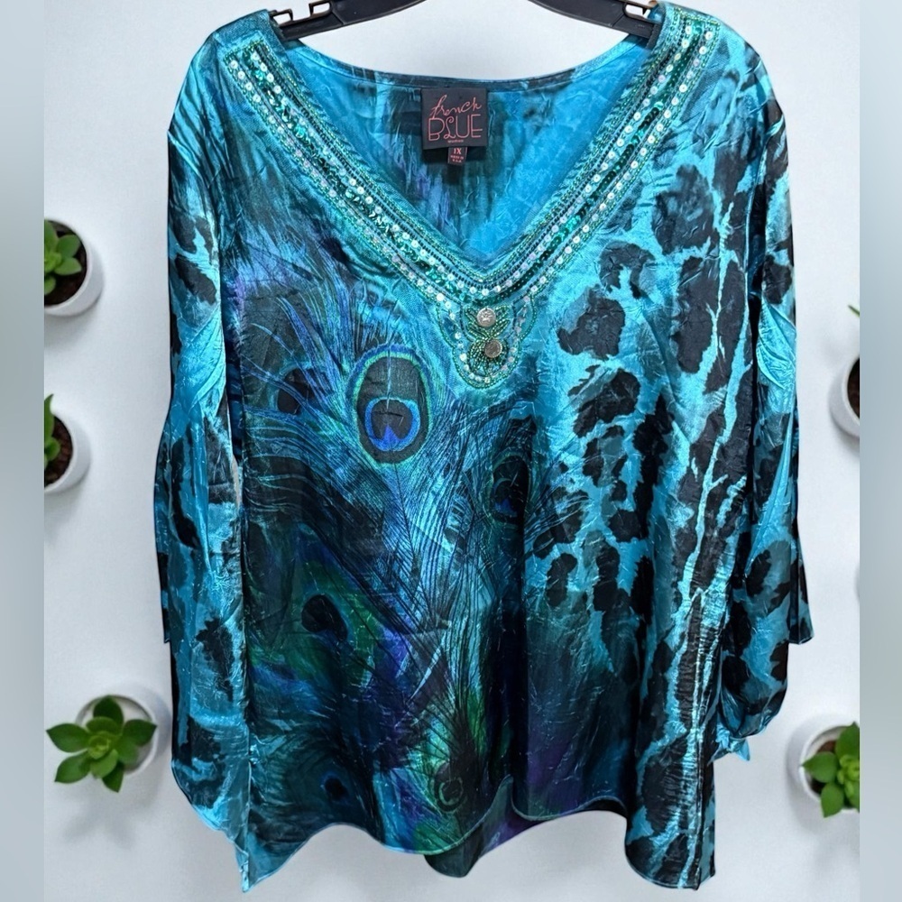 French Blue Blouse Top Women's 1X Blue Green Boho Artsy Studded Buttons